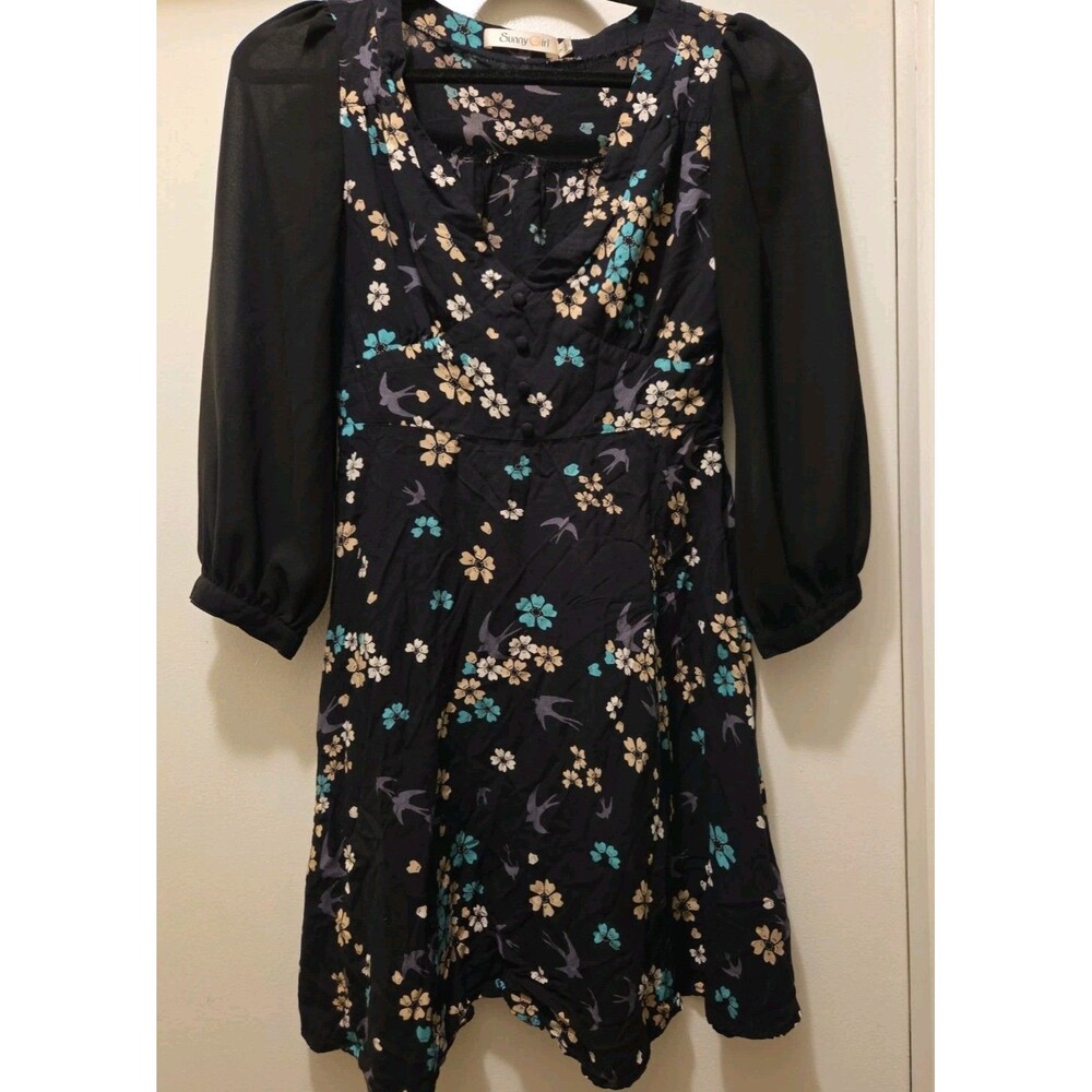 Sunny Girl Dress Womens Small Black Blue White Floral Fit & Flare Midi A-Line